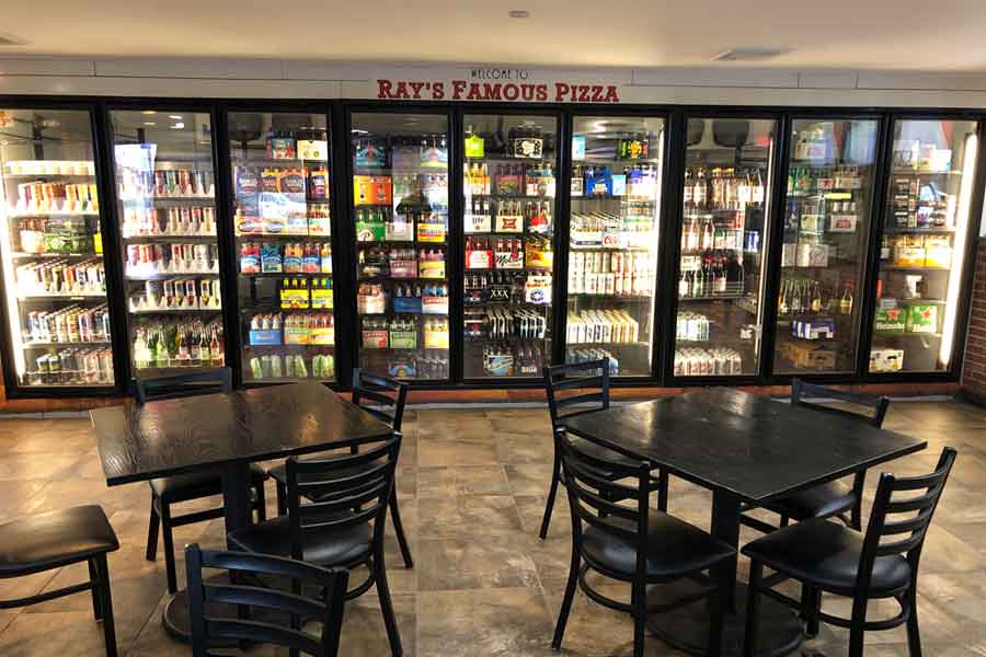 Ray's Famous Pizza Ice cold beer to go refrigerator facing front of all 9 doors